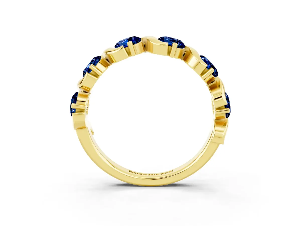 Round Blue Sapphire Half Eternity Band with Wave Prong Setting Yellow gold