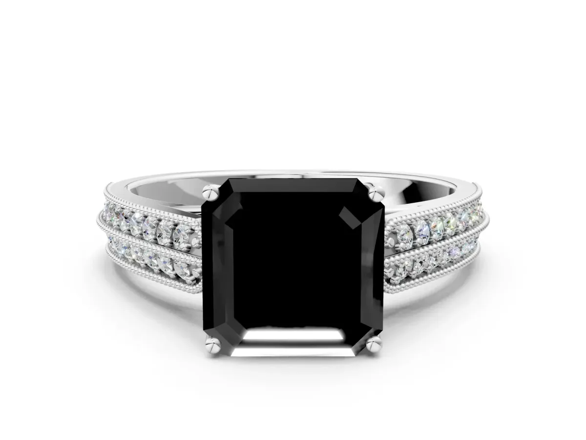 Fancy Black Asscher Cut Cut Pave Split Shank Engagement Ring with Four-Prong Setting Platinum