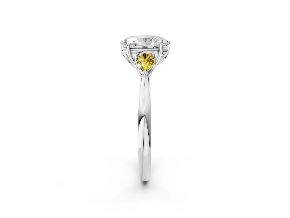Oval Cut Diamond Three-Stone Ring with Pear Yellow Sapphire Side Stones and Prong Setting Silver