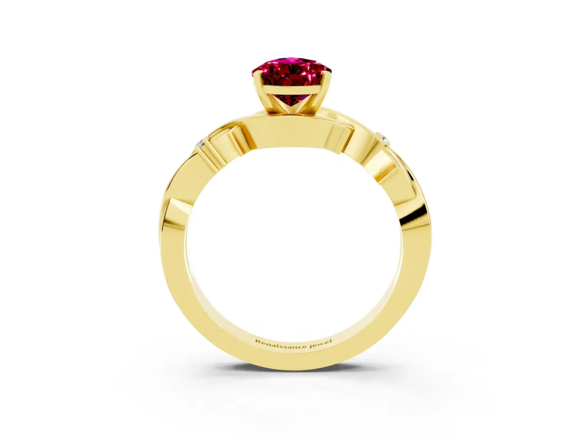 Pear Cut Garnet Solitaire Ring with Twisted Band and Prong Setting Yellow gold