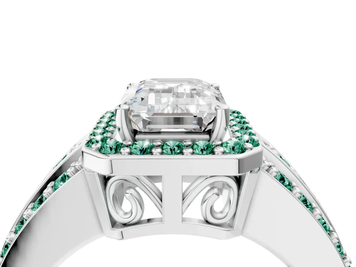 Emerald Cut Halo Diamond Ring with Round Green Sapphire Split Shank and Prong Setting Silver