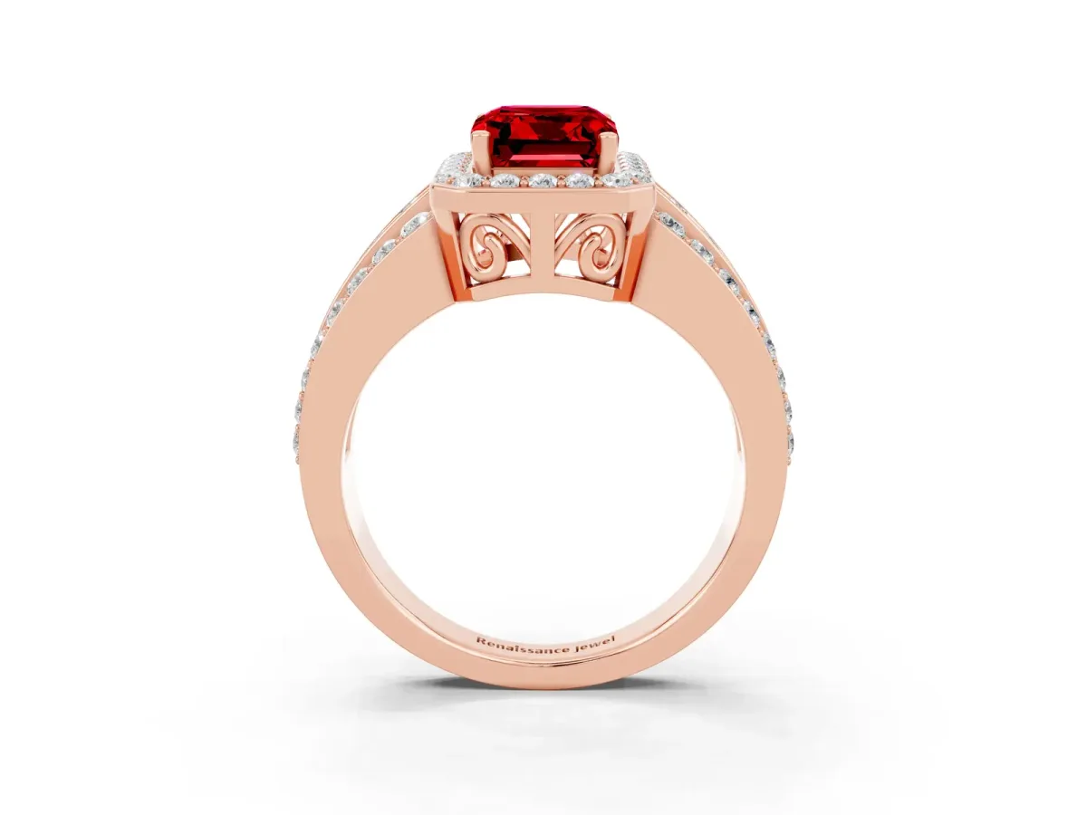 Emerald Cut Halo Ruby Ring with Round Split Shank and Prong Setting Rose gold