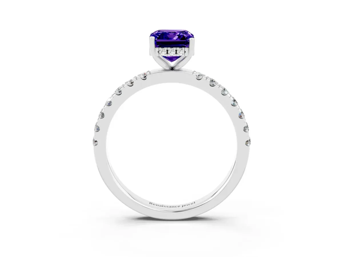 Emerald Cut Tanzanite Pave Band Solitaire Ring with Round and Prong Setting Silver