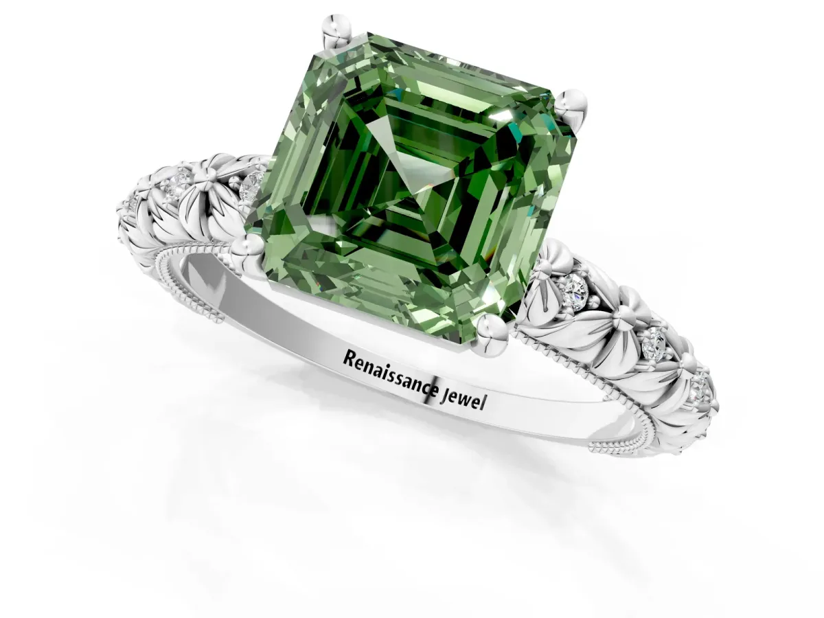 Fancy Green Asscher Cut Solitaire Floral Milgrain Engagement Ring Platinum
