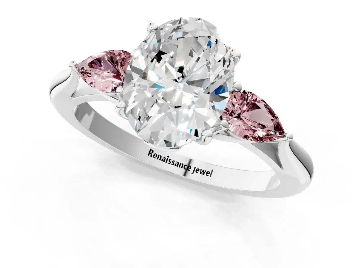 Oval Cut Diamond Three-Stone Ring with Pear Morganite Side Stones and Prong Setting Silver