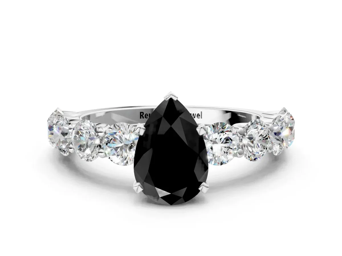 Fancy Black Pear Cut Diamond Prong Setting with Side Stones on a Pave Band Silver