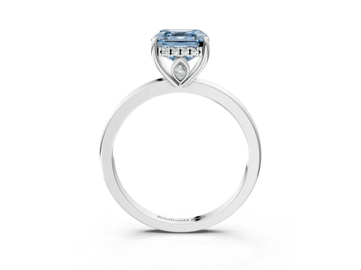 Fancy Blue Asscher Cut Solitaire Diamond Ring with Prong Setting and Plain Band Silver