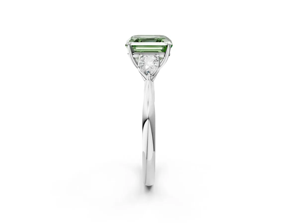 Fancy Green Three-Stone Asscher Cut Diamond Ring with Pear Side Stones in Four-Prong Setting Silver