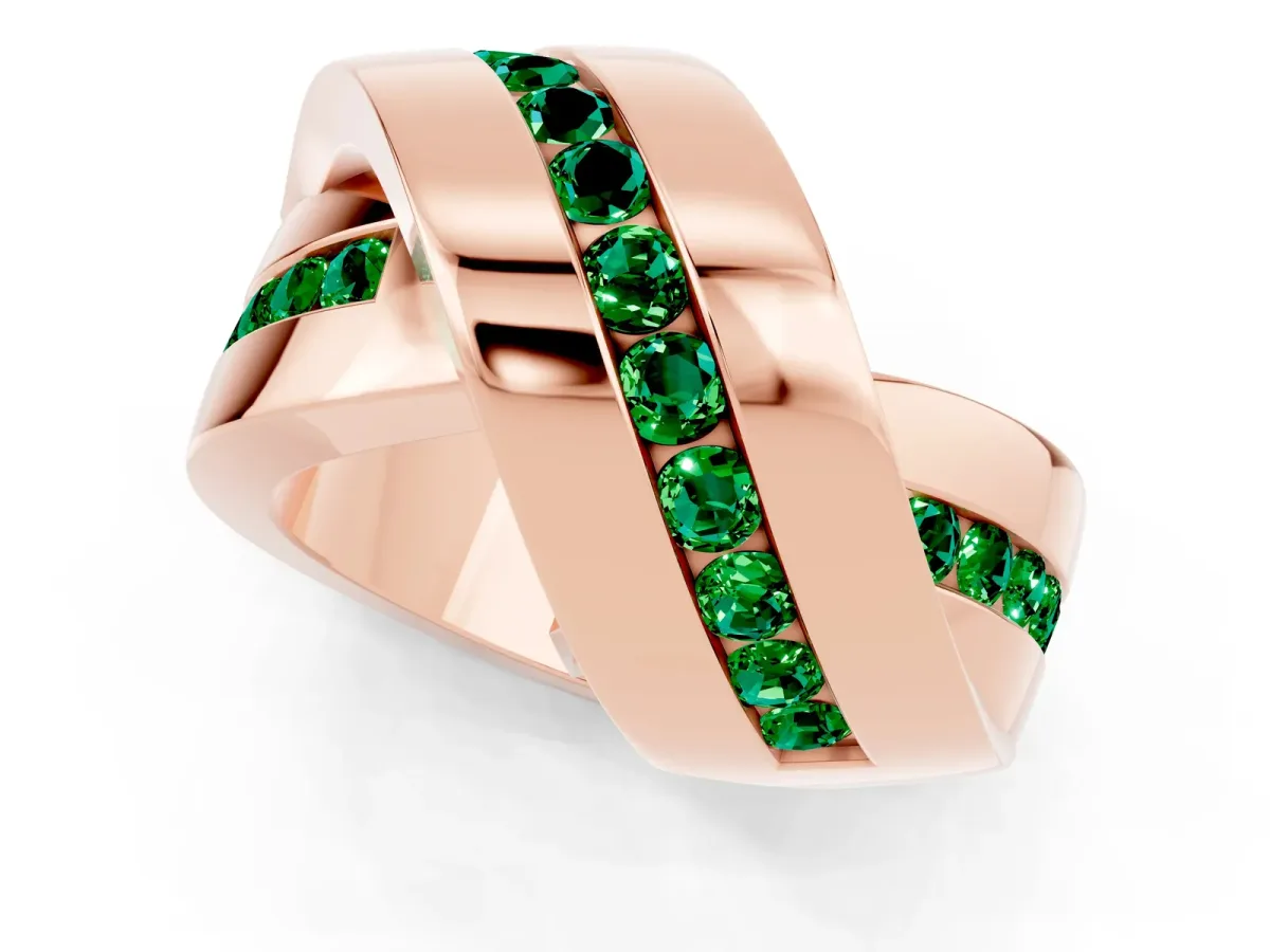Pavé Round Emerald Crossover Band with Channel Setting Rose gold