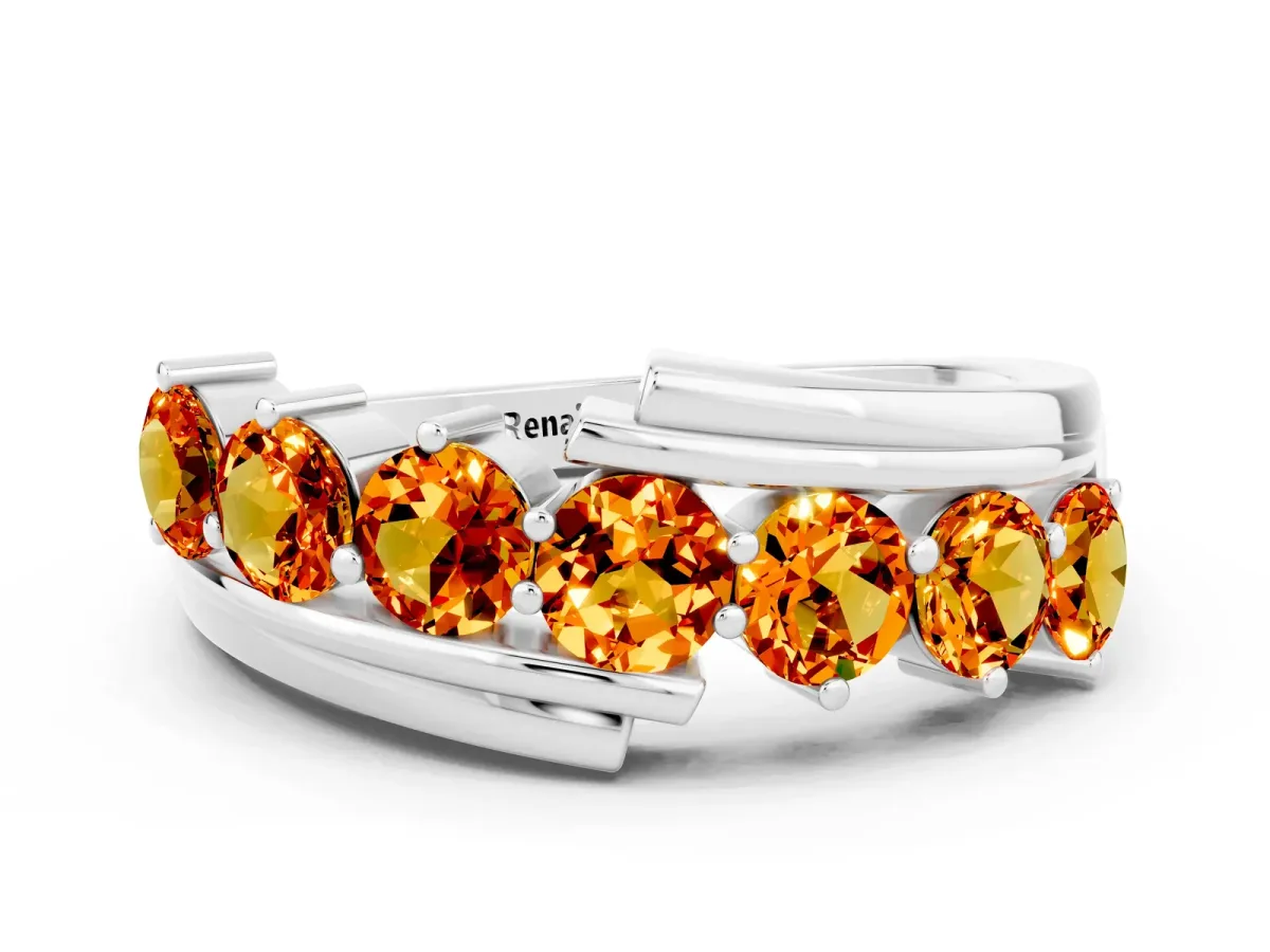 Round Citrine Wave Band with Channel and Shared Prong Setting Platinum