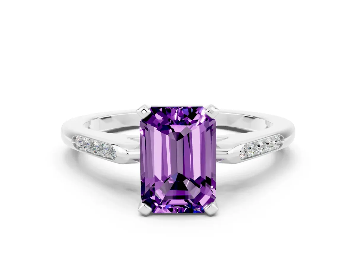 Emerald Cut Amethyst Solitaire Ring with Channel Set Round Band and Prong Setting Silver