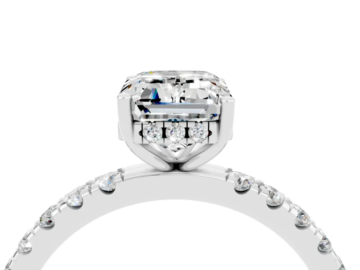 Emerald Cut Moissanite Pave Band Solitaire Ring with Round and Prong Setting Platinum