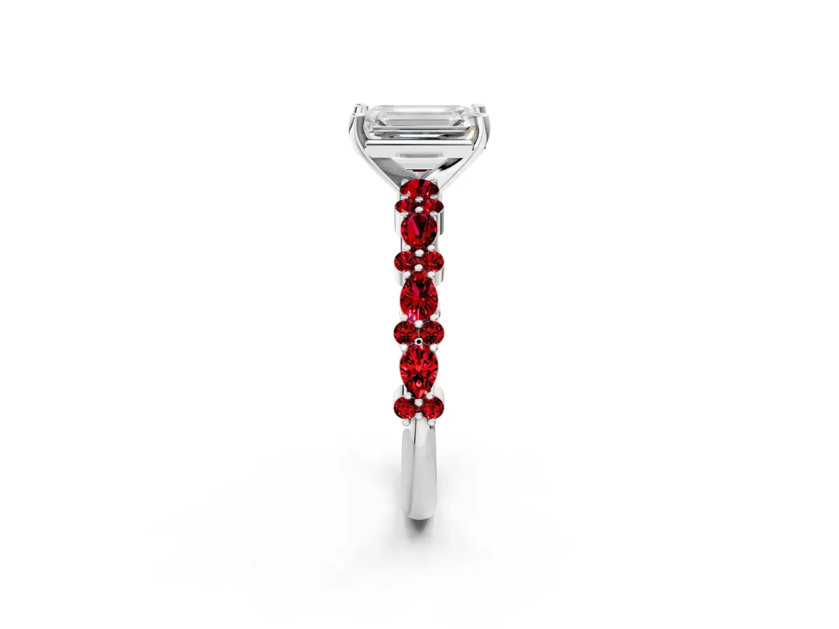 Emerald Cut Diamond Side Stone Solitaire Ring with Round Ruby and Four-Prong Setting White gold