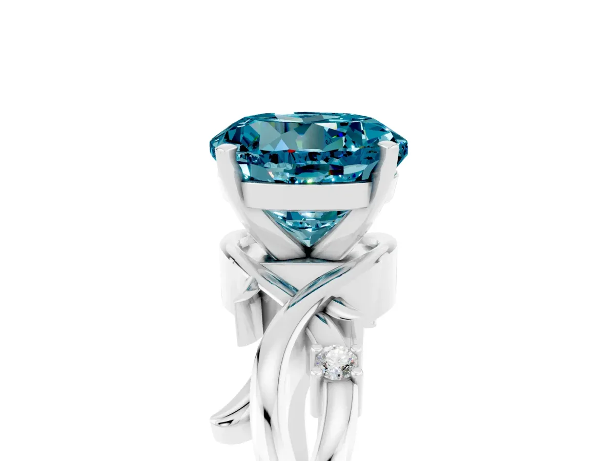 Round Cut Blue Topaz Solitaire Ring with Twisted Band and Prong Setting Platinum