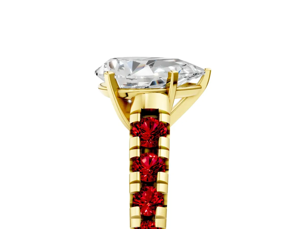 Pear Cut Diamond Cathedral Solitaire Ring with Round Ruby Pavé Band Yellow gold