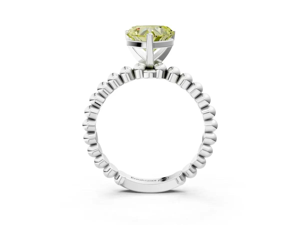 Fancy Yellow Heart Cut Diamond Solitaire Ring with Beaded Band and Prong Setting Silver