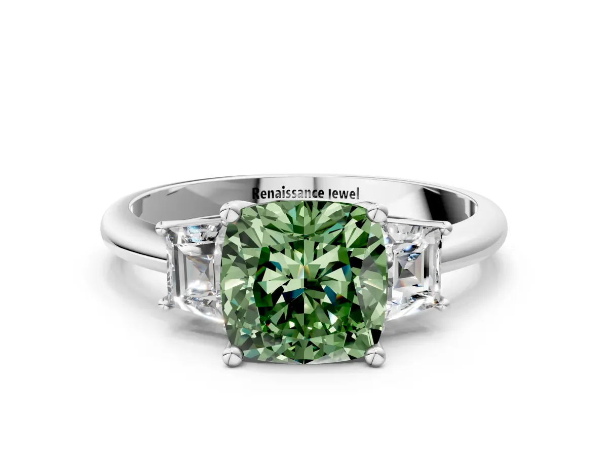 Fancy Green Cushion Cut Diamond Three-Stone Ring with Trapezoid Side Stones and Prong Setting Silver