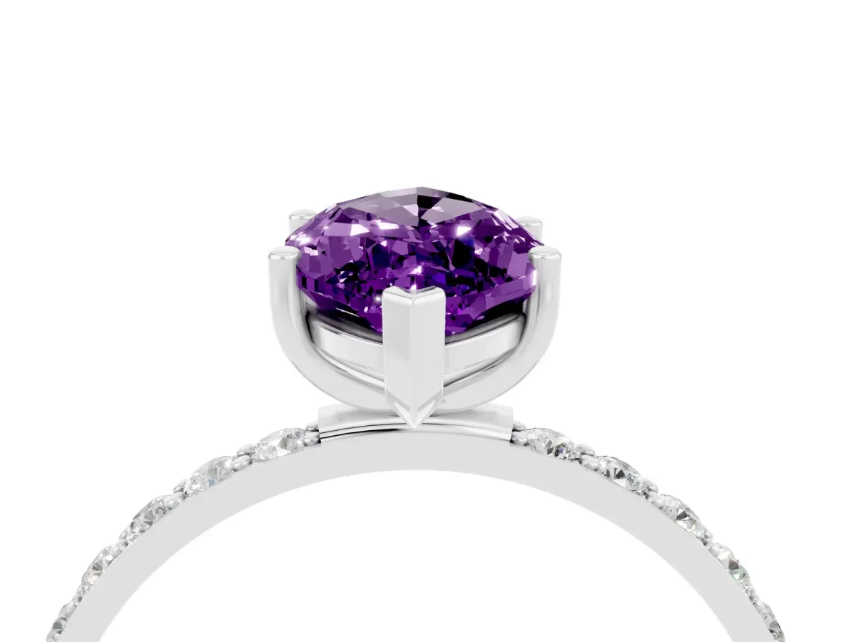 Marquise Cut Amethyst Solitaire Ring with Round Pavé Band and Prong Setting Silver