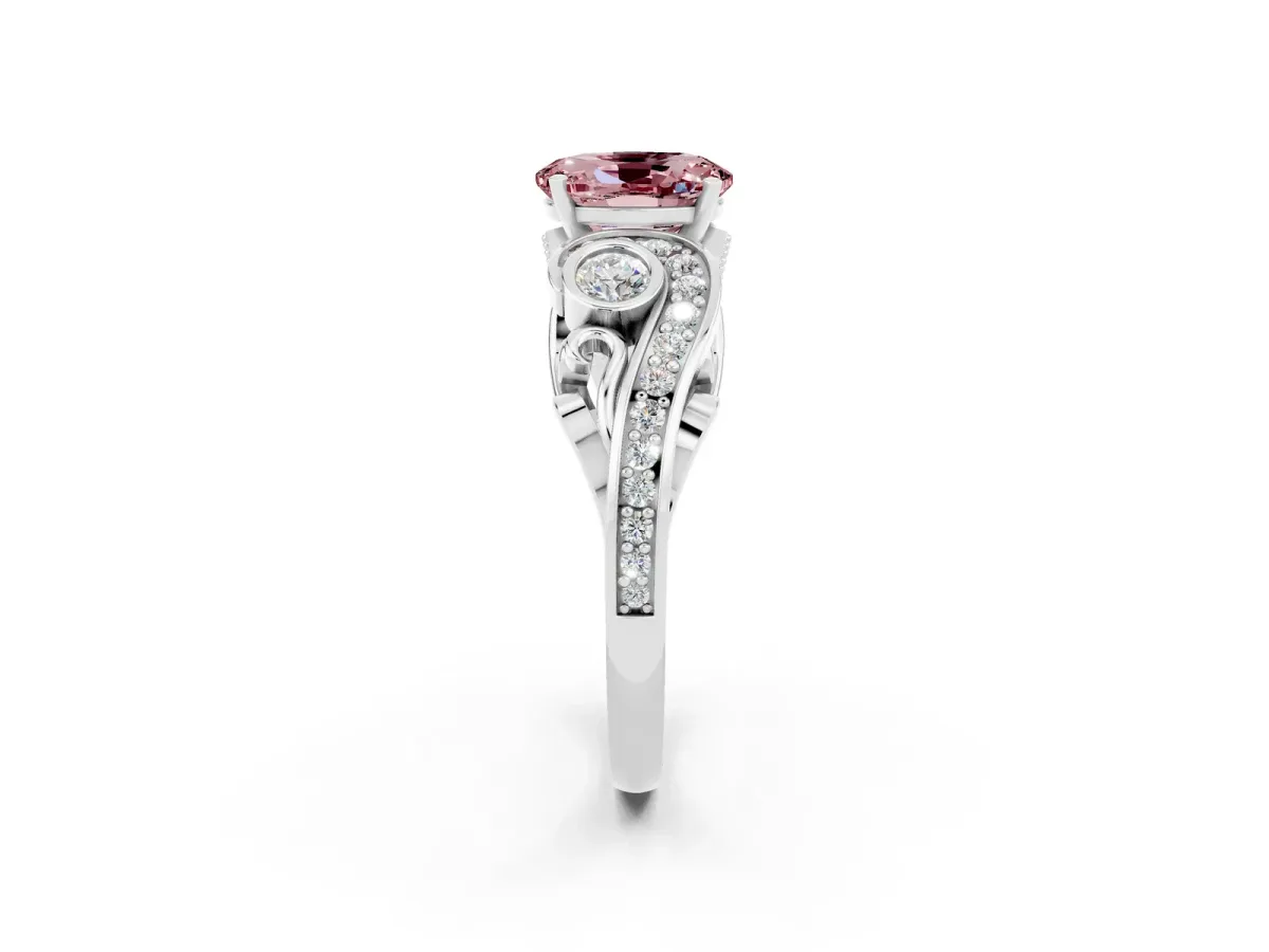 Oval Cut Morganite Solitaire Ring with Milgrain Pavé Band and Four-Prong Setting Silver