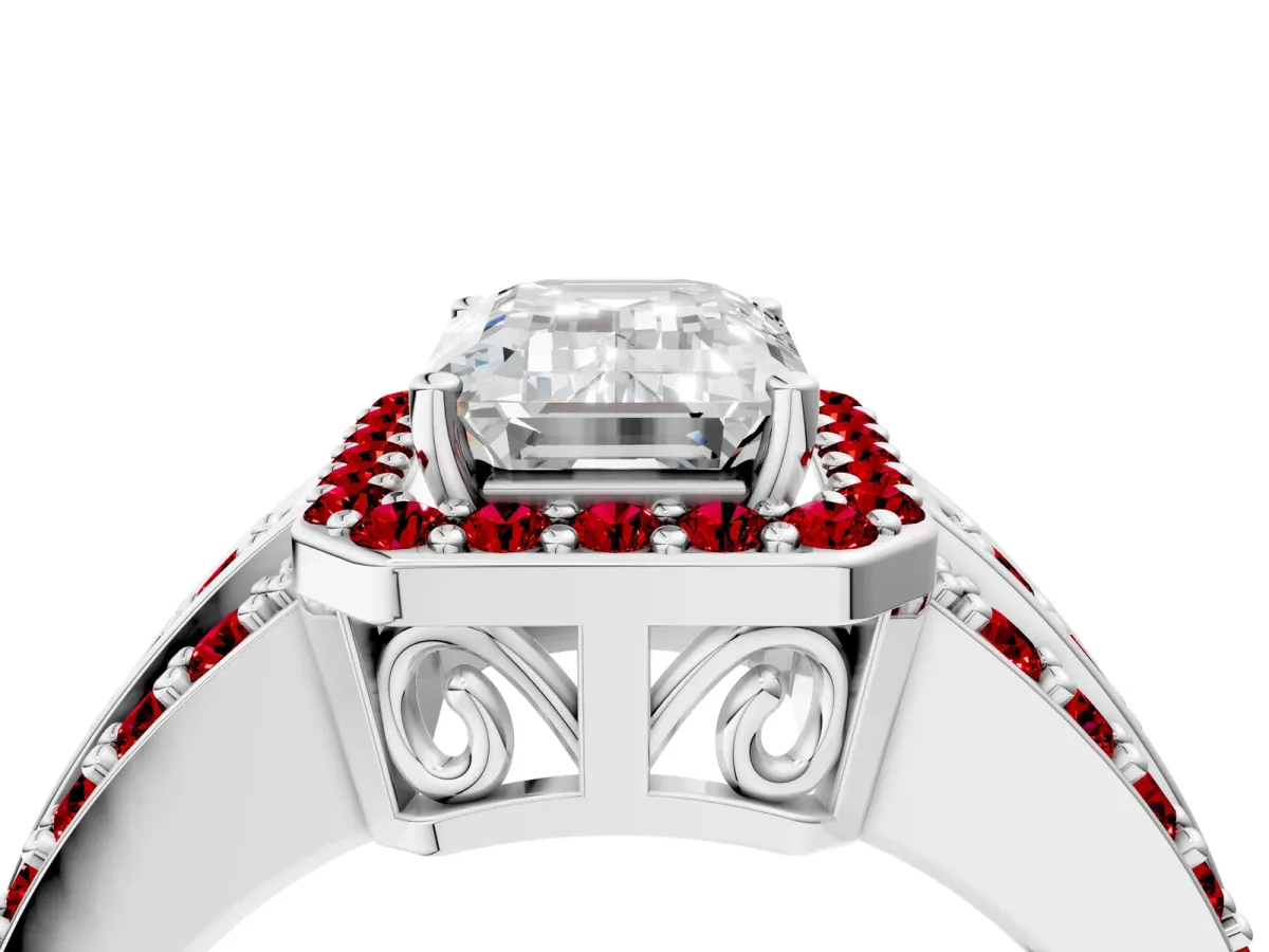 Emerald Cut Halo Diamond Ring with Round Ruby Split Shank and Prong Setting Platinum