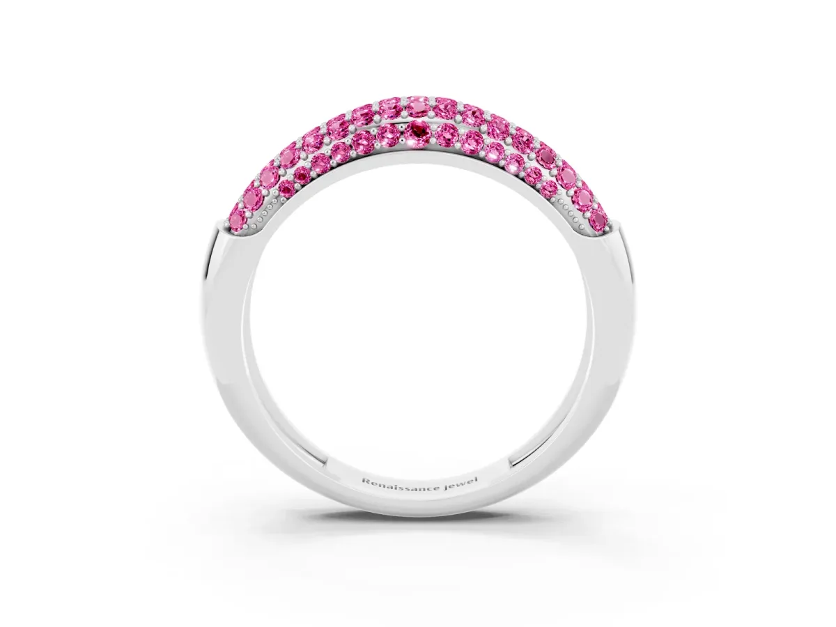 Three-Row Pavé Round Pink Sapphire Dome Band Platinum