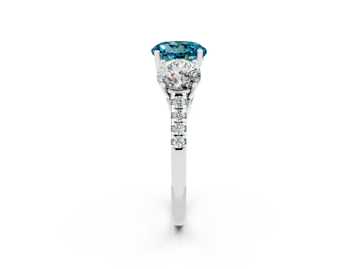 Three-Stone Round Cut Blue Topaz Ring with Round Pavé Band and Prong Setting Silver