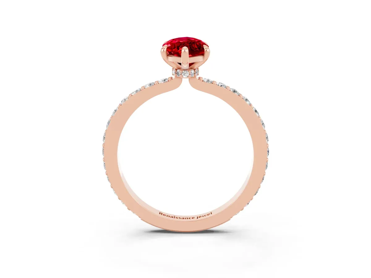 Marquise Cut Ruby Solitaire Engagement Ring with Pavé Band and Four-Prong Setting Rose gold