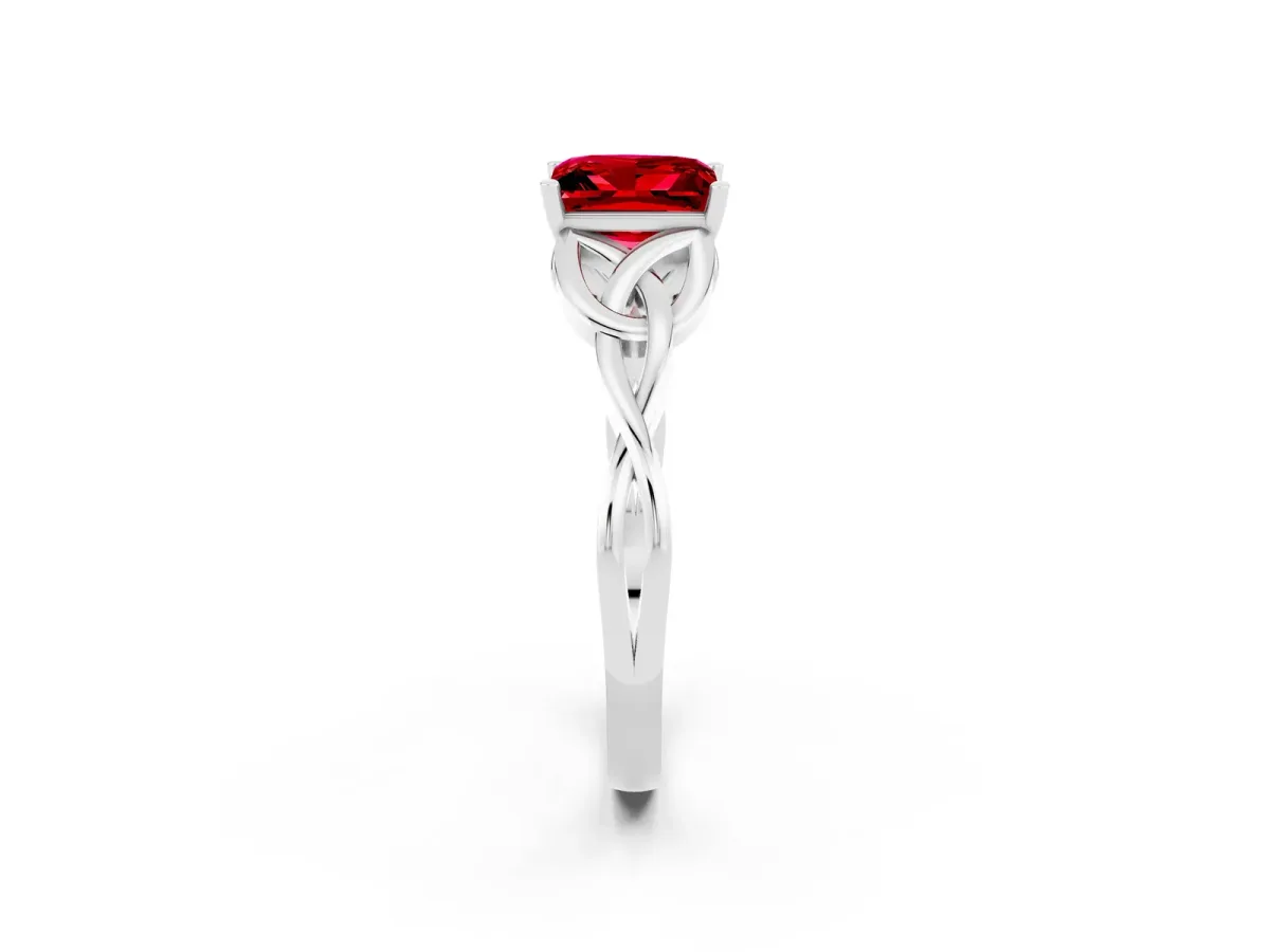 Princess Cut Ruby Solitaire Engagement Ring with Celtic Knot Band and Four-Prong Setting White gold