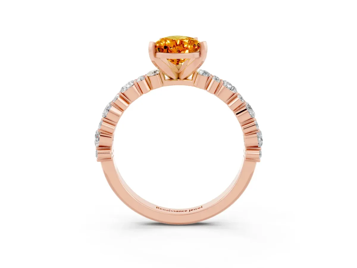 Pear Cut Citrine Side Stone Solitaire Ring with Round and Four-Prong Setting Rose gold