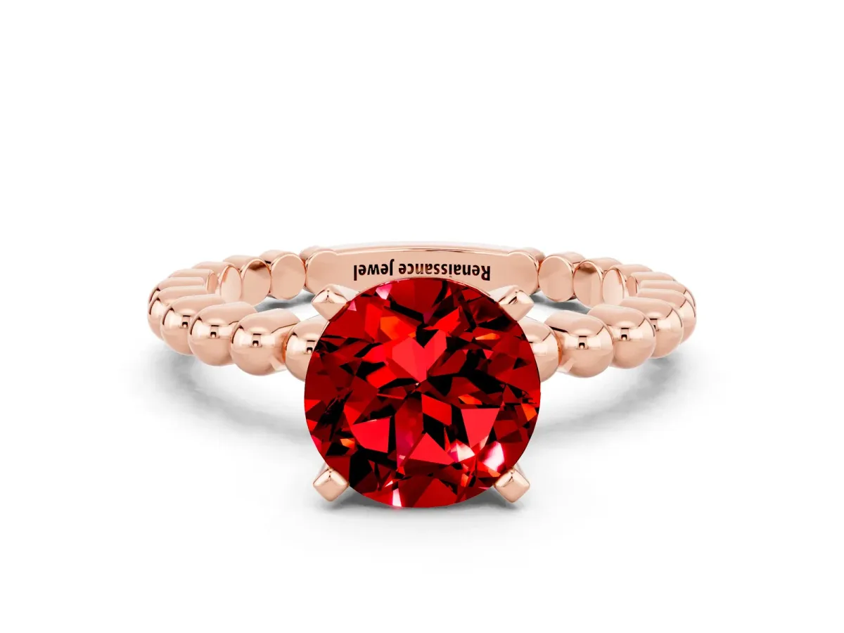 Round Cut Ruby Solitaire Ring with Beaded Band and Prong Setting Rose gold