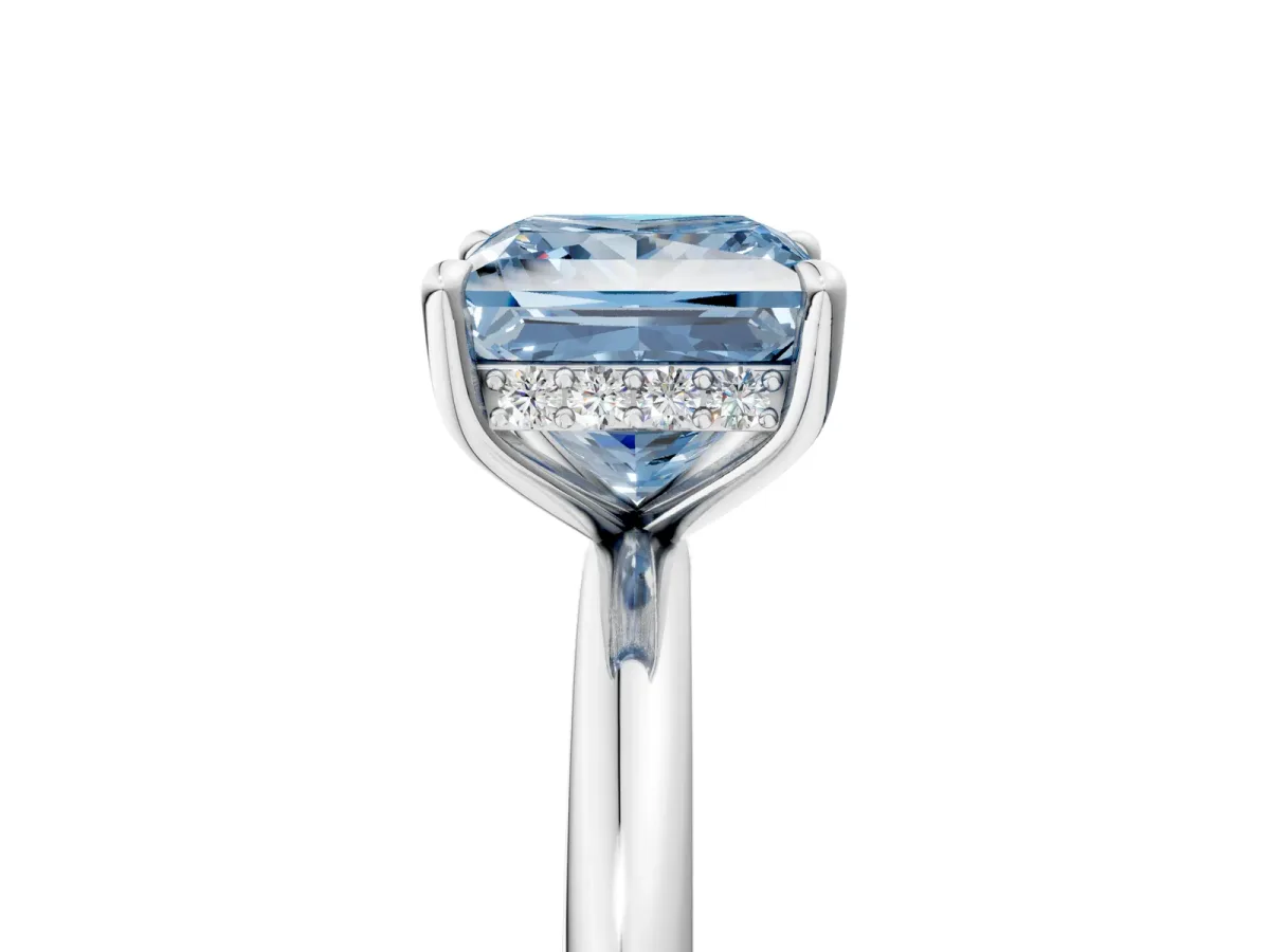 Fancy Blue Princess Cut Diamond Solitaire Ring with Thin Band and Four-Prong Setting White gold