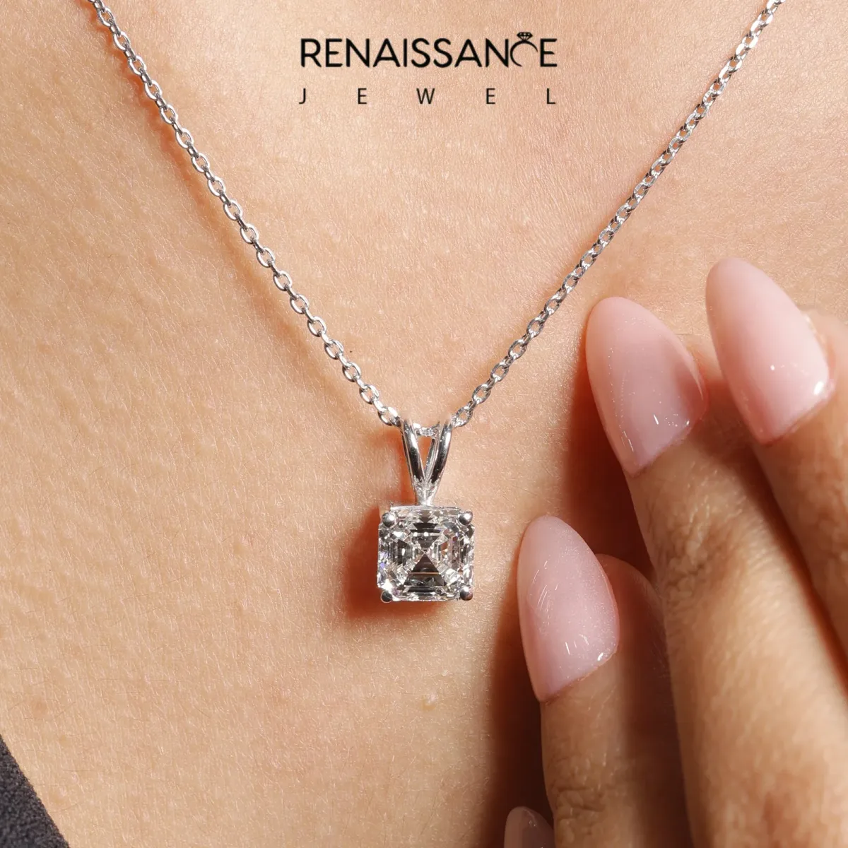 Asscher Diamond Solitaire Pendant with Four Prong Setting Silver