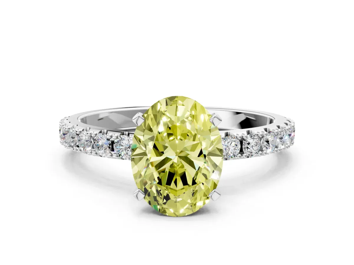 Fancy Yellow Oval Cut Diamond Solitaire Pavé Band with Four-Prong Setting Silver