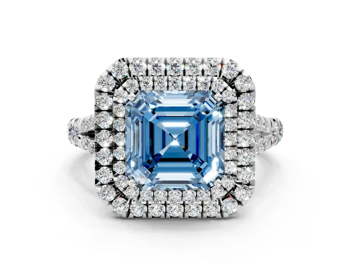 Fancy Blue Asscher Cut Cut Double Halo Split Shank Diamond Ring with Prong Setting Platinum
