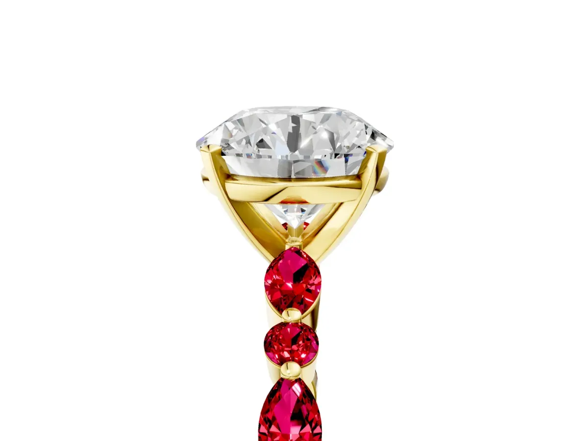 Round Cut Diamond Ring with Marquise and Round Ruby Side Stones and Four-Prong Setting Yellow gold