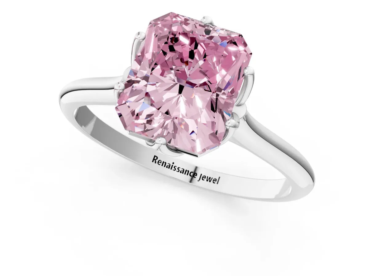 Fancy Pink Radiant Cut Solitaire Cathedral Diamond Ring with Six-Prong Setting Platinum
