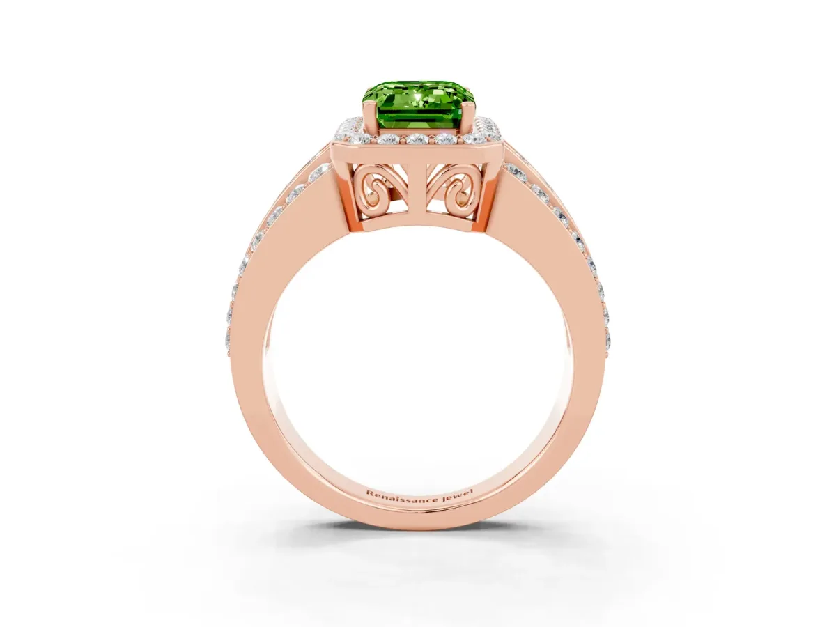 Emerald Cut Halo Peridot Ring with Round Split Shank and Prong Setting Rose gold