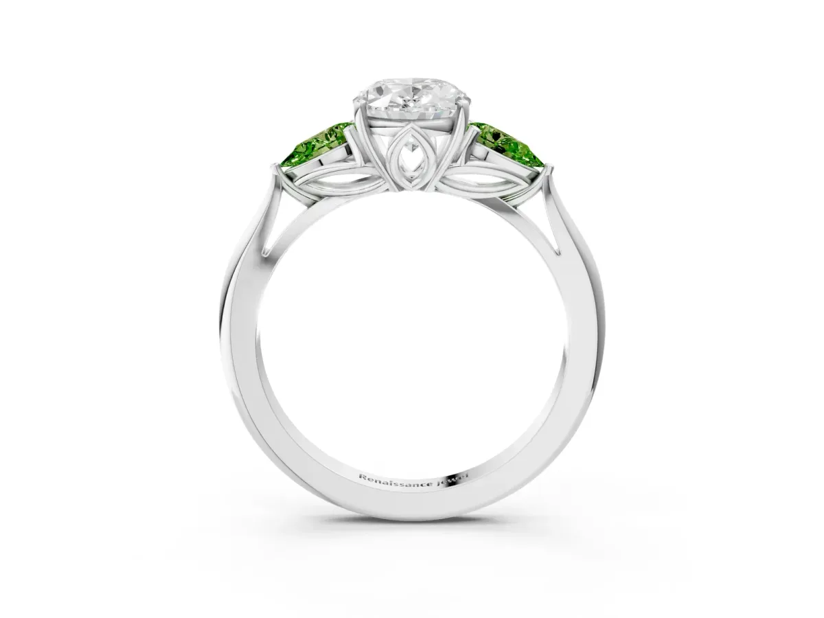 Oval Cut Diamond Three-Stone Ring with Pear Peridot Side Stones and Prong Setting Silver