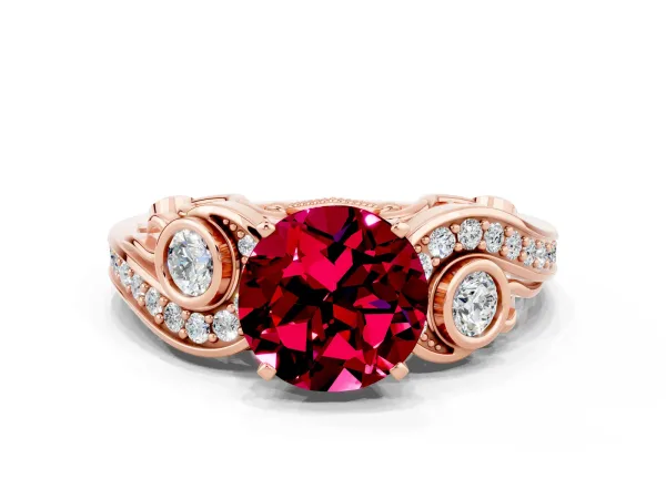 Round Cut Garnet Solitaire Ring with Milgrain Pavé Band and Four-Prong Setting Rose gold