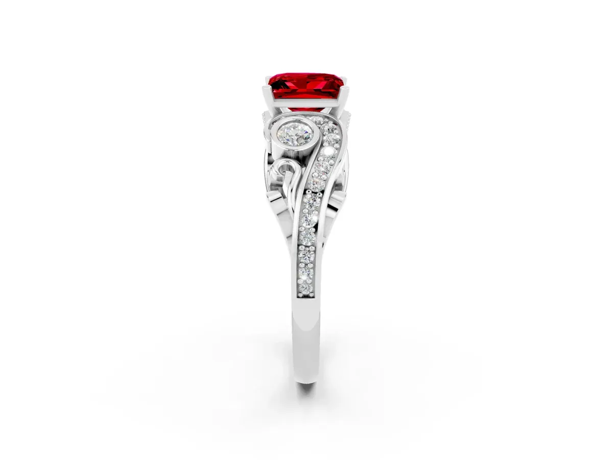 Princess Cut Ruby Solitaire Ring with Milgrain Pavé Band and Four-Prong Setting Platinum
