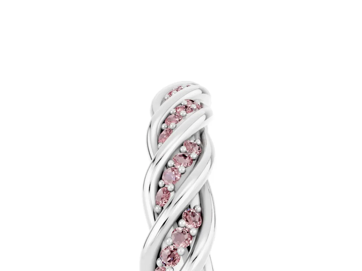 Twisted Pavé Round Morganite Eternity Band with Shared Prong Setting Silver