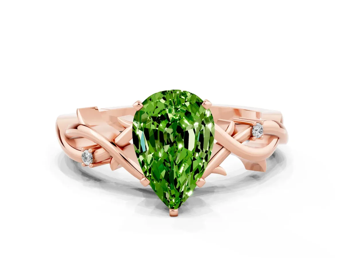 Pear Cut Peridot Solitaire Ring with Twisted Band and Prong Setting Rose gold