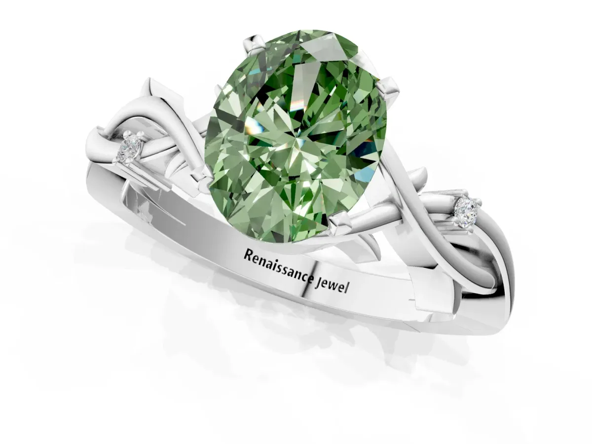 Fancy Green Oval Cut Diamond Solitaire Ring with Twisted Band and Prong Setting Platinum