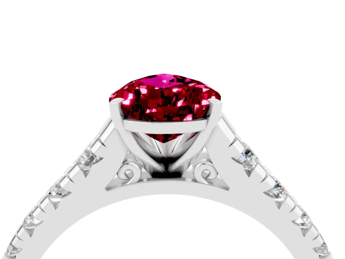 Pear Cut Garnet Cathedral Solitaire Ring with Round Pavé Band Silver