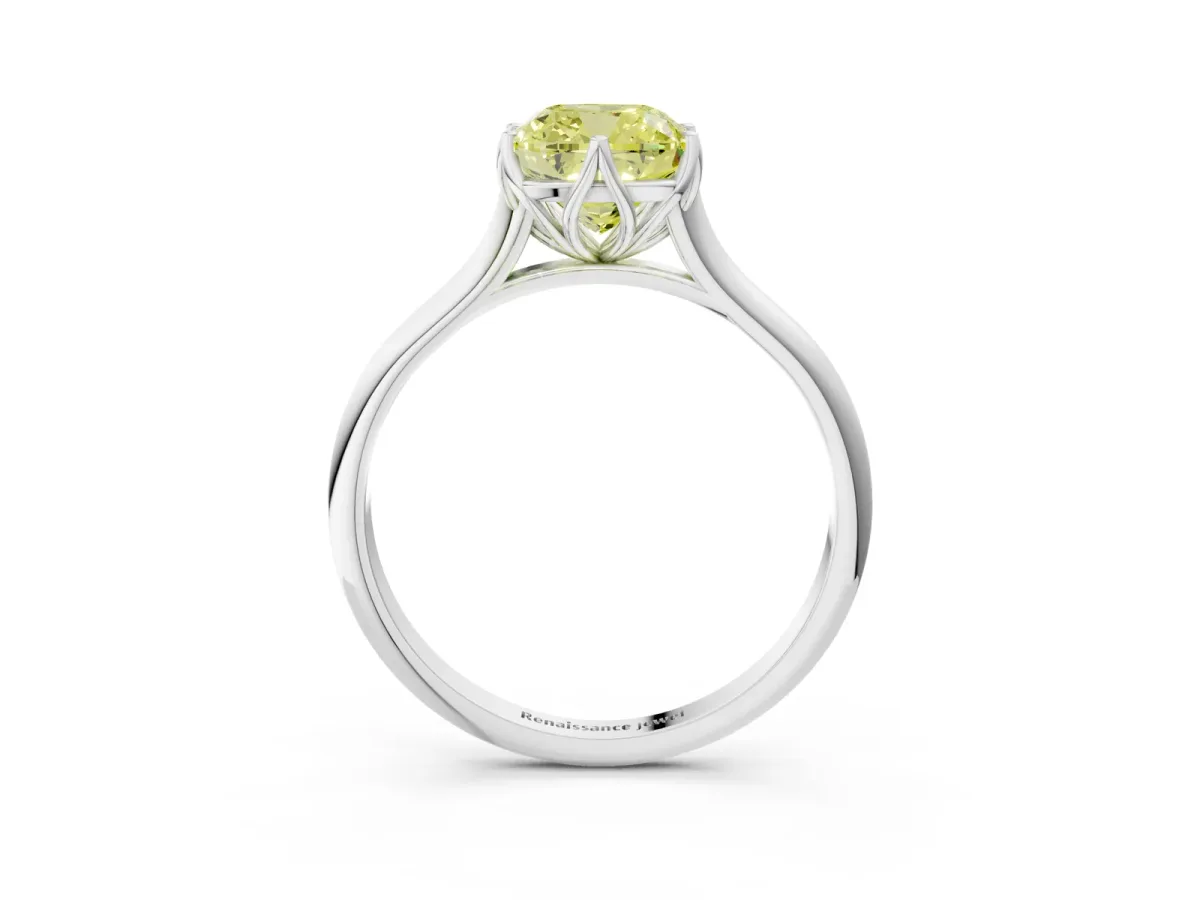 Fancy Yellow Cushion Cut Solitaire Cathedral Diamond Ring with Six-Prong Setting Silver