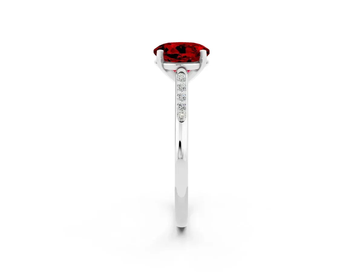 Round Cut Ruby Solitaire Ring with Channel Set Round Band and Prong Setting Silver
