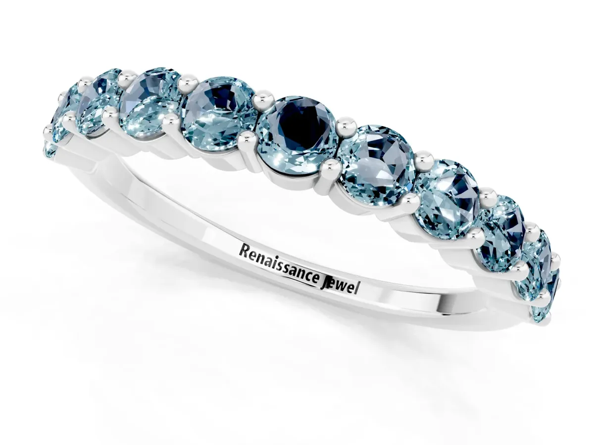 Round Aquamarine Half Eternity Band with Prong Setting Platinum