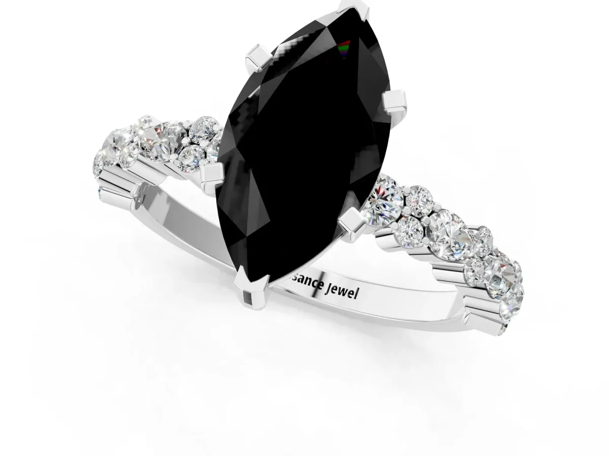 Fancy Black Marquise Cut Diamond Side Stone Solitaire Ring with Round and Four-Prong Setting Silver