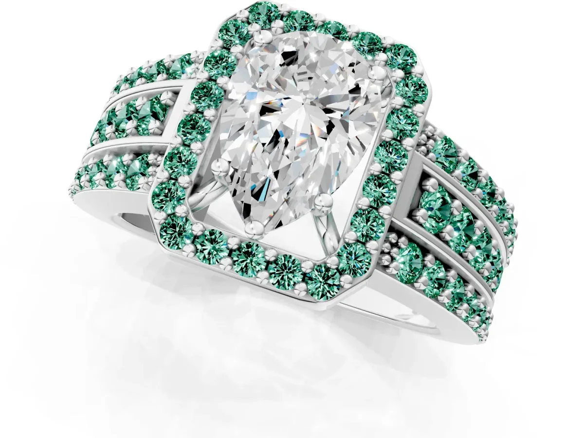 Pear Cut Halo Diamond Ring with Round Green Sapphire Split Shank and Prong Setting Silver