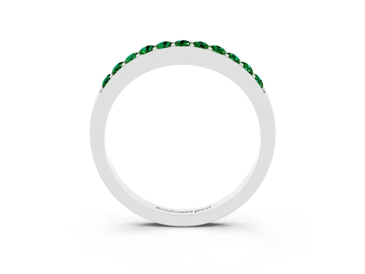 Round Emerald Curved Wedding Band with Channel Setting Silver